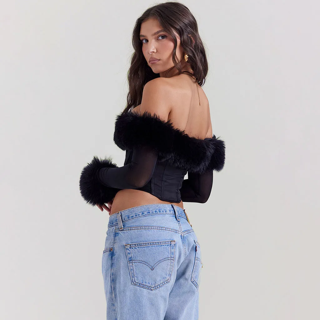 Lavish Faux Fur Trim Off The Shoulder Hook and Eye Long Sleeve Crop Corset Top