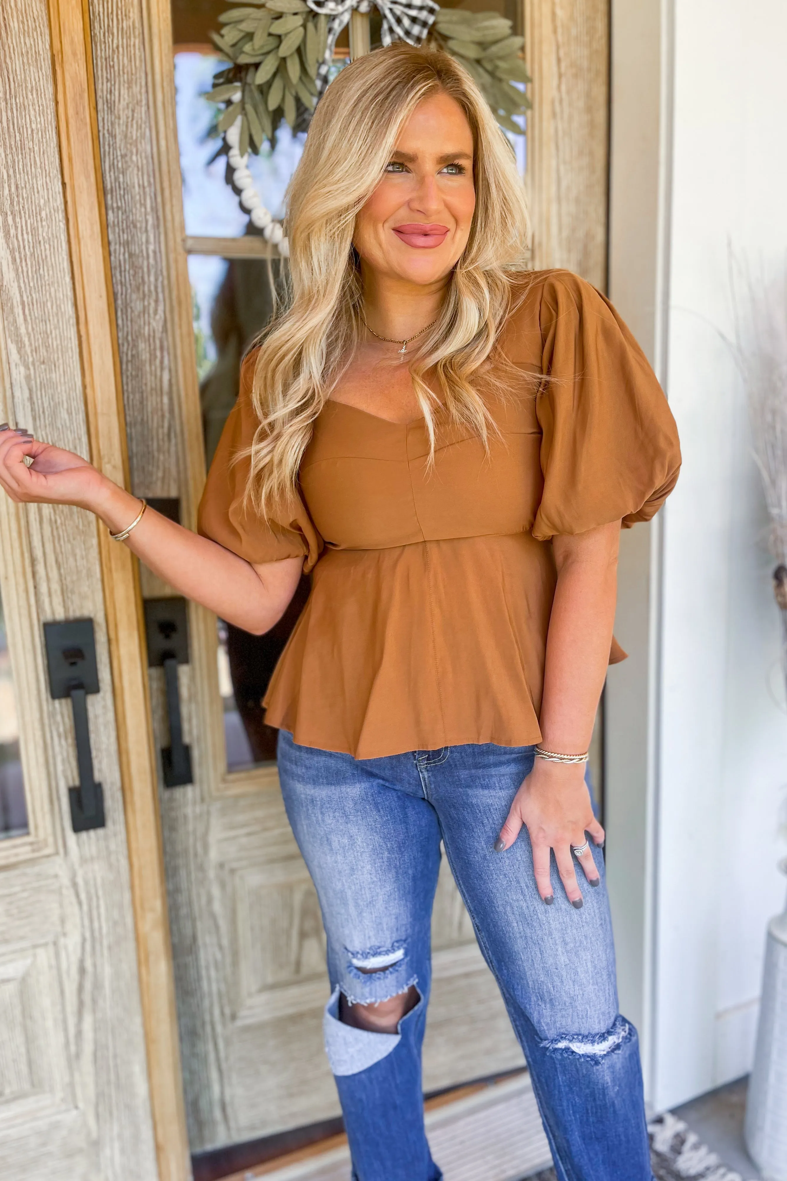 Lena Scalloped Neck Bubble Sleeve Peplum Top *FINAL SALE*