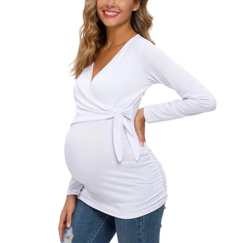 Long Sleeve V Neck Maternity Blouses And Tops For Pregnan