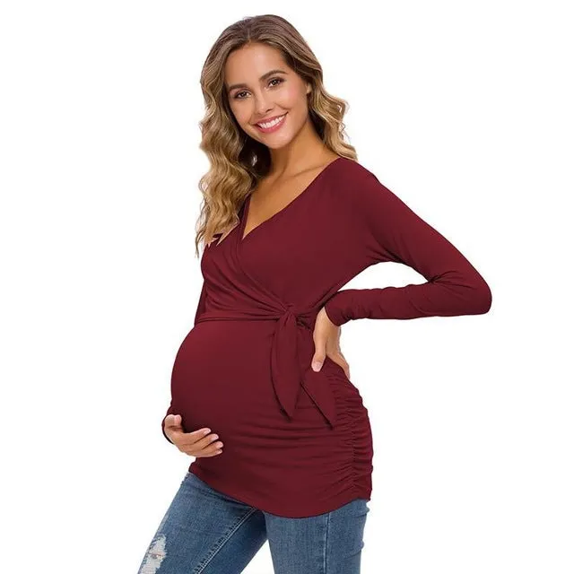 Long Sleeve V Neck Maternity Blouses And Tops For Pregnan