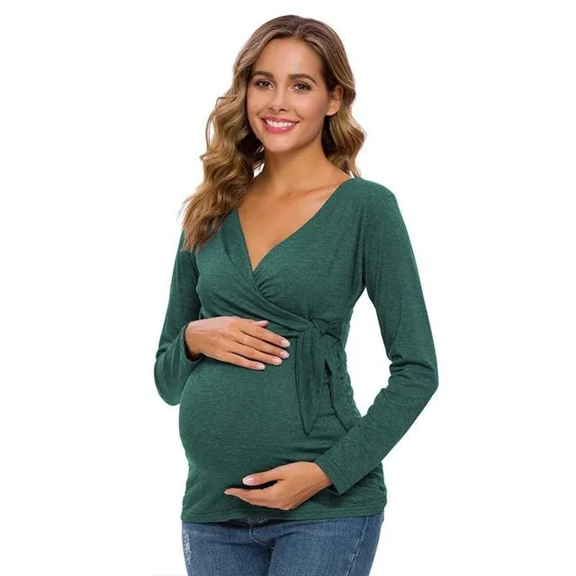 Long Sleeve V Neck Maternity Blouses And Tops For Pregnan