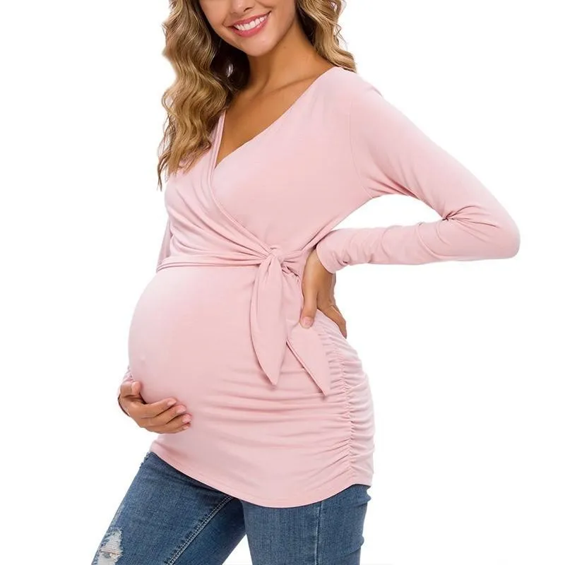 Long Sleeve V Neck Maternity Blouses And Tops For Pregnan