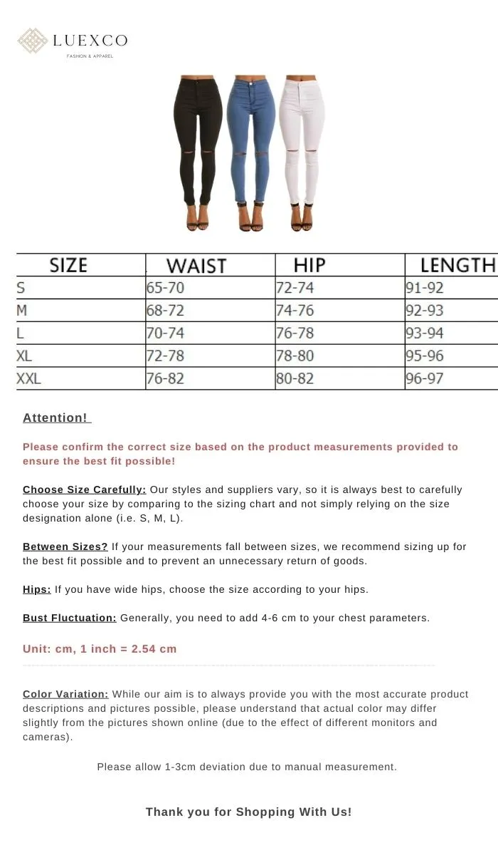 Luexco Women's Slit Knee Skinny Jeans Solid Denim Pants