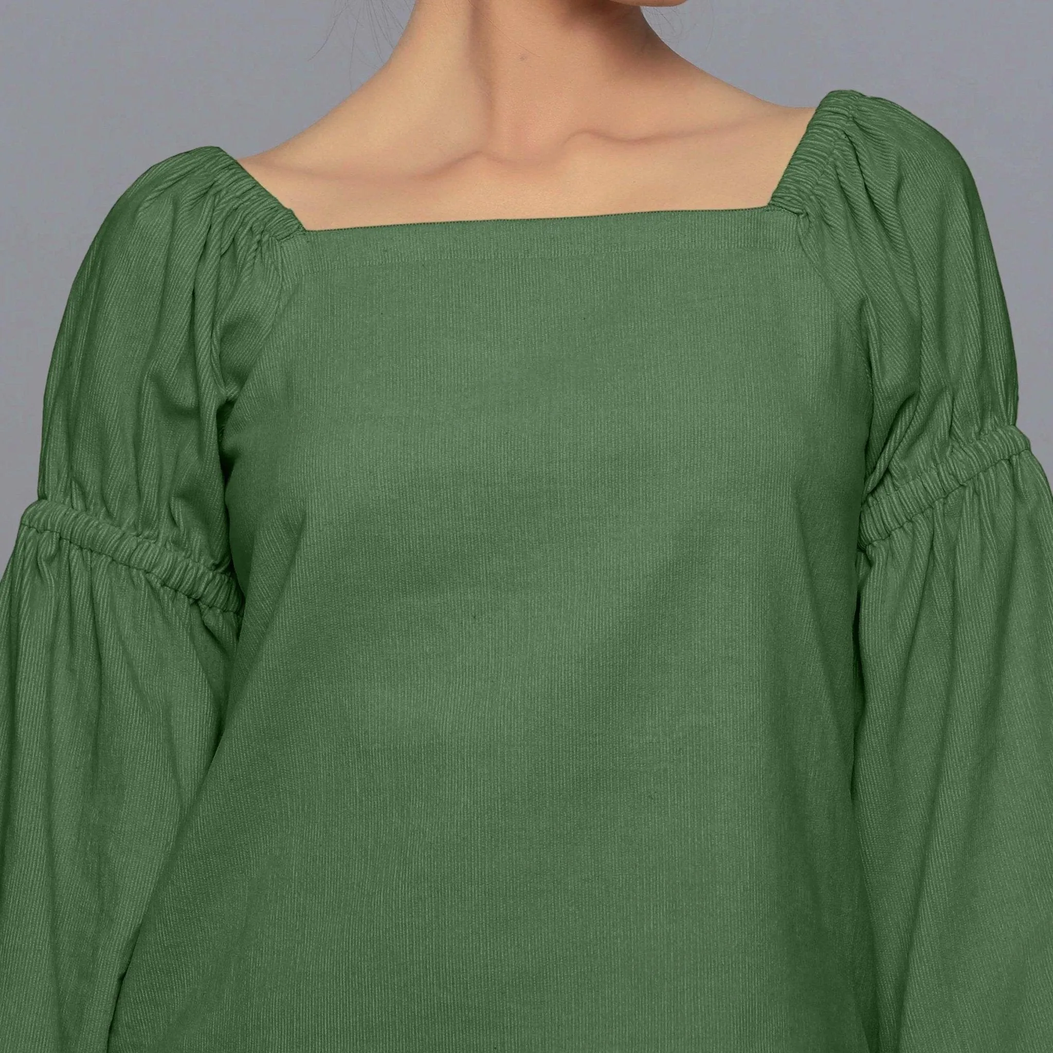 Moss Green Warm Cotton Corduroy Off-Shoulder Top