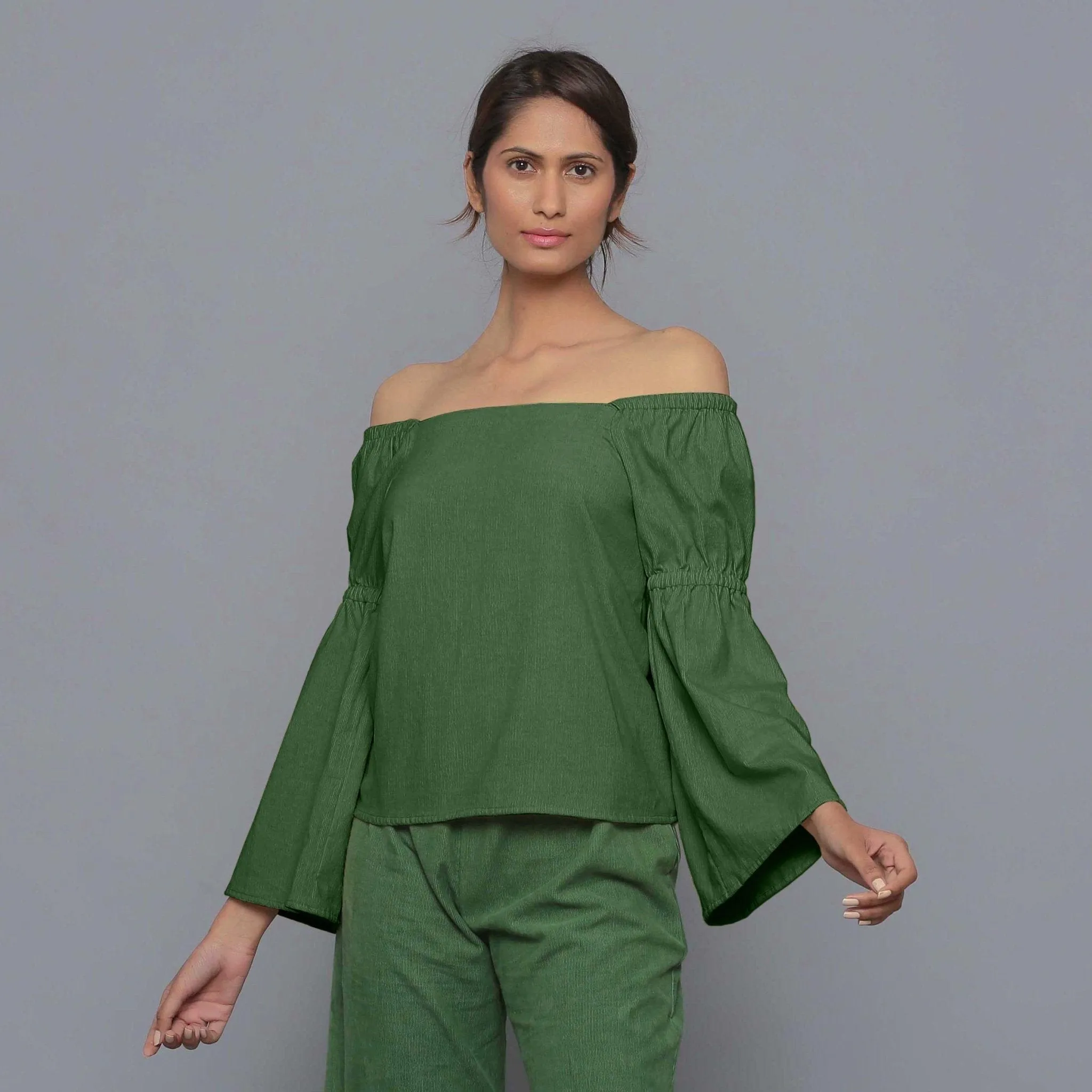 Moss Green Warm Cotton Corduroy Off-Shoulder Top