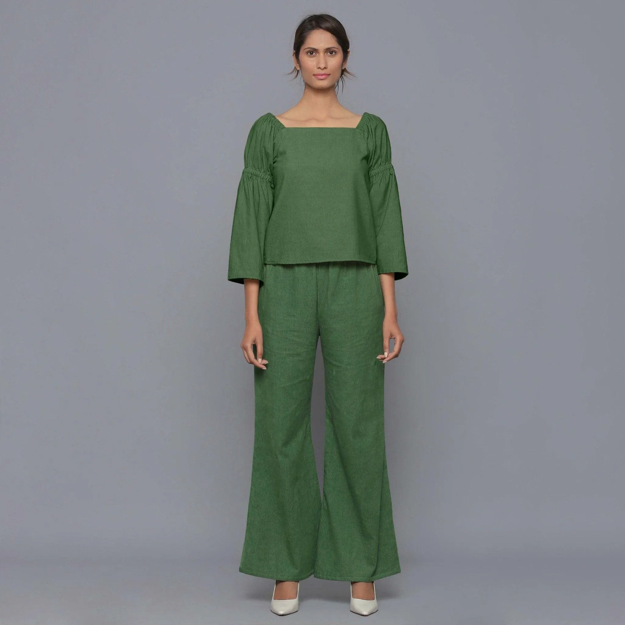 Moss Green Warm Cotton Corduroy Off-Shoulder Top