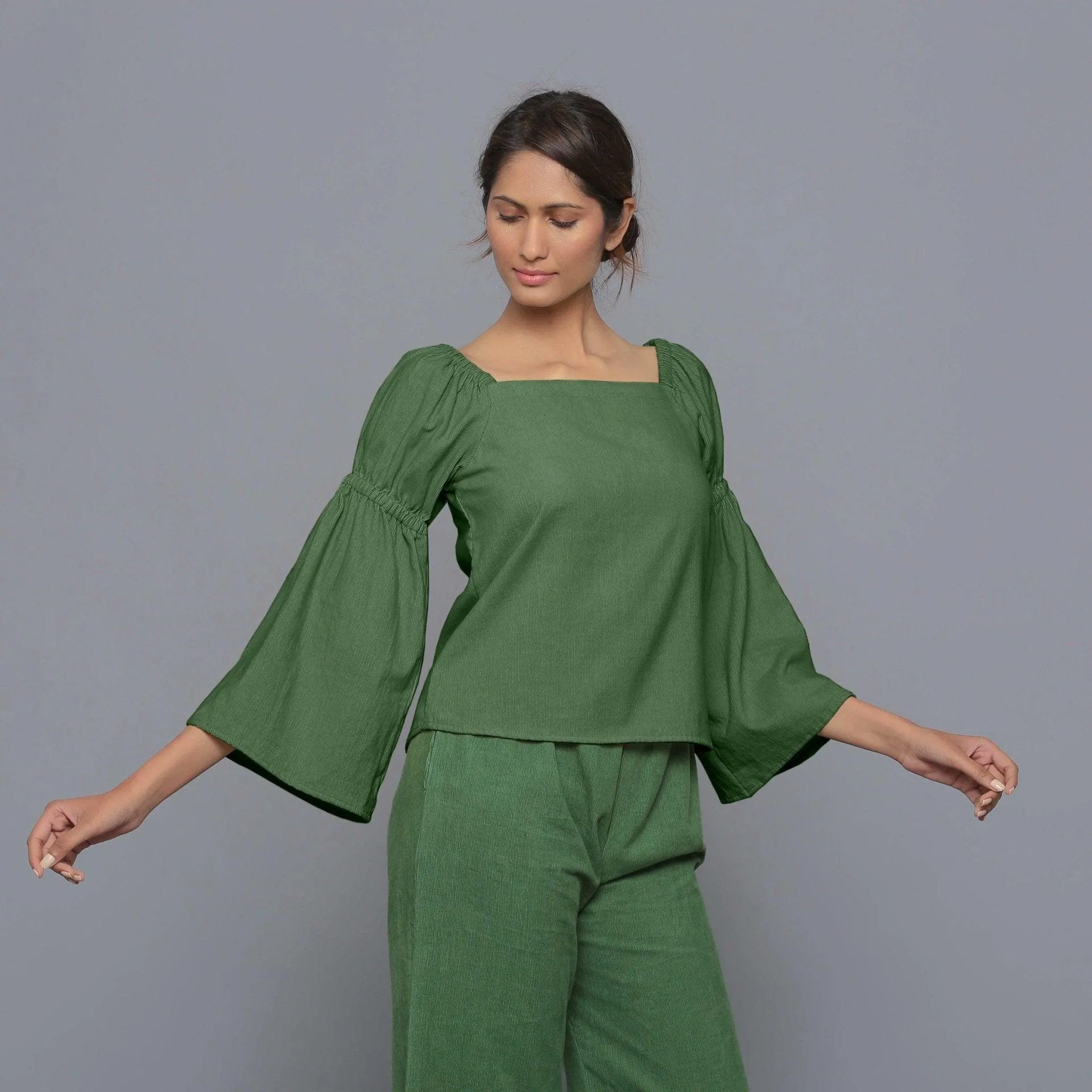 Moss Green Warm Cotton Corduroy Off-Shoulder Top