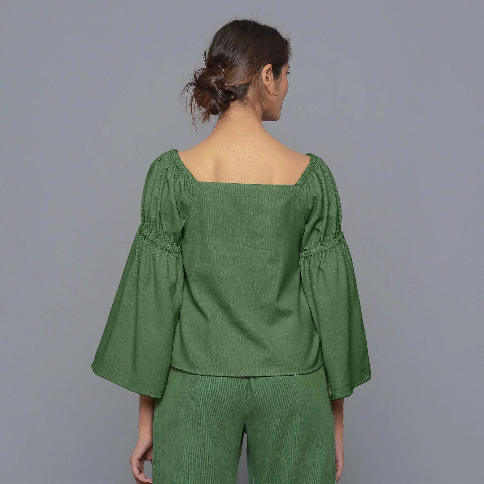 Moss Green Warm Cotton Corduroy Off-Shoulder Top