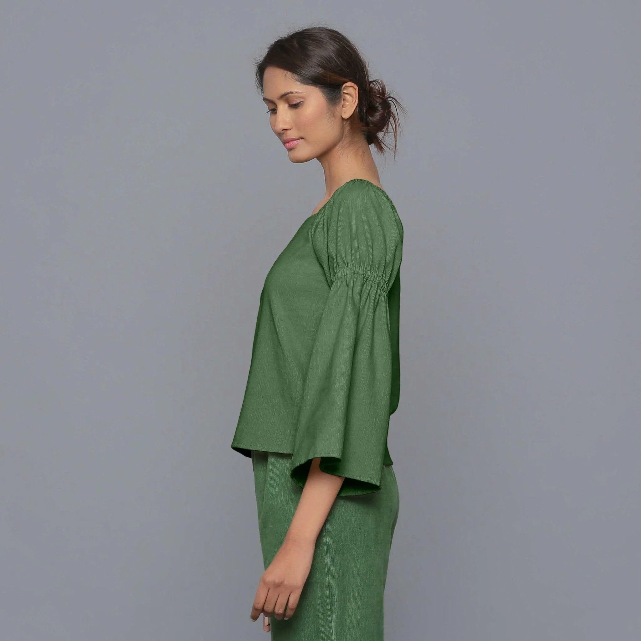 Moss Green Warm Cotton Corduroy Off-Shoulder Top