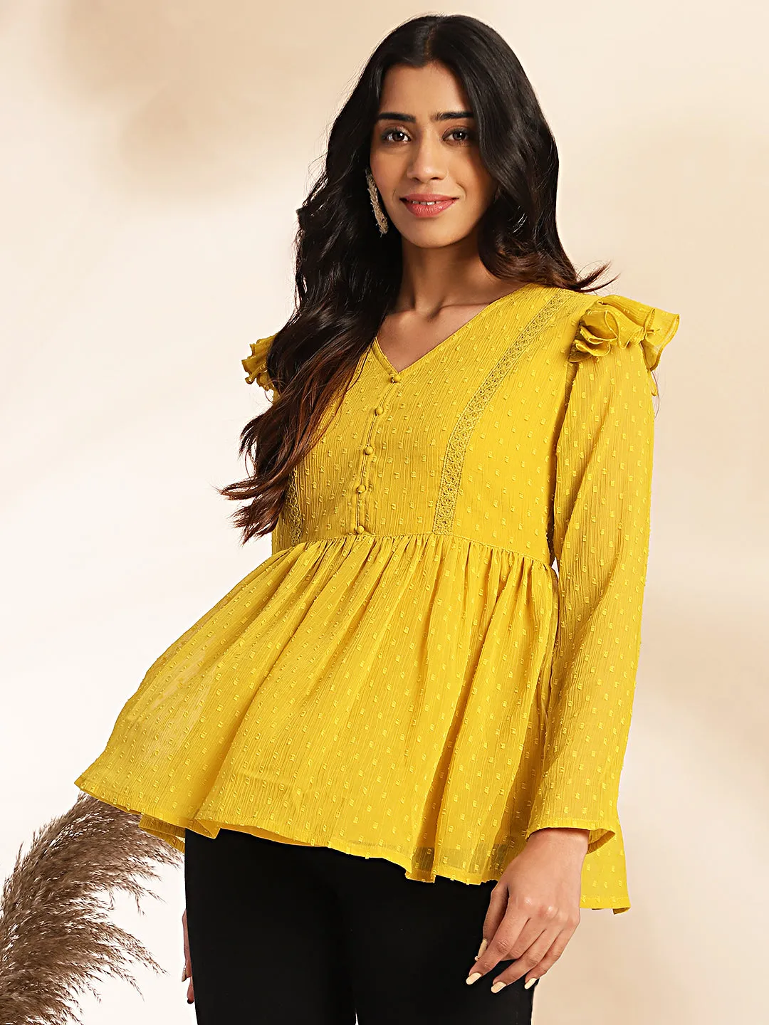 Mustard Dobby Chiffon Peplum Top  - By Janasya