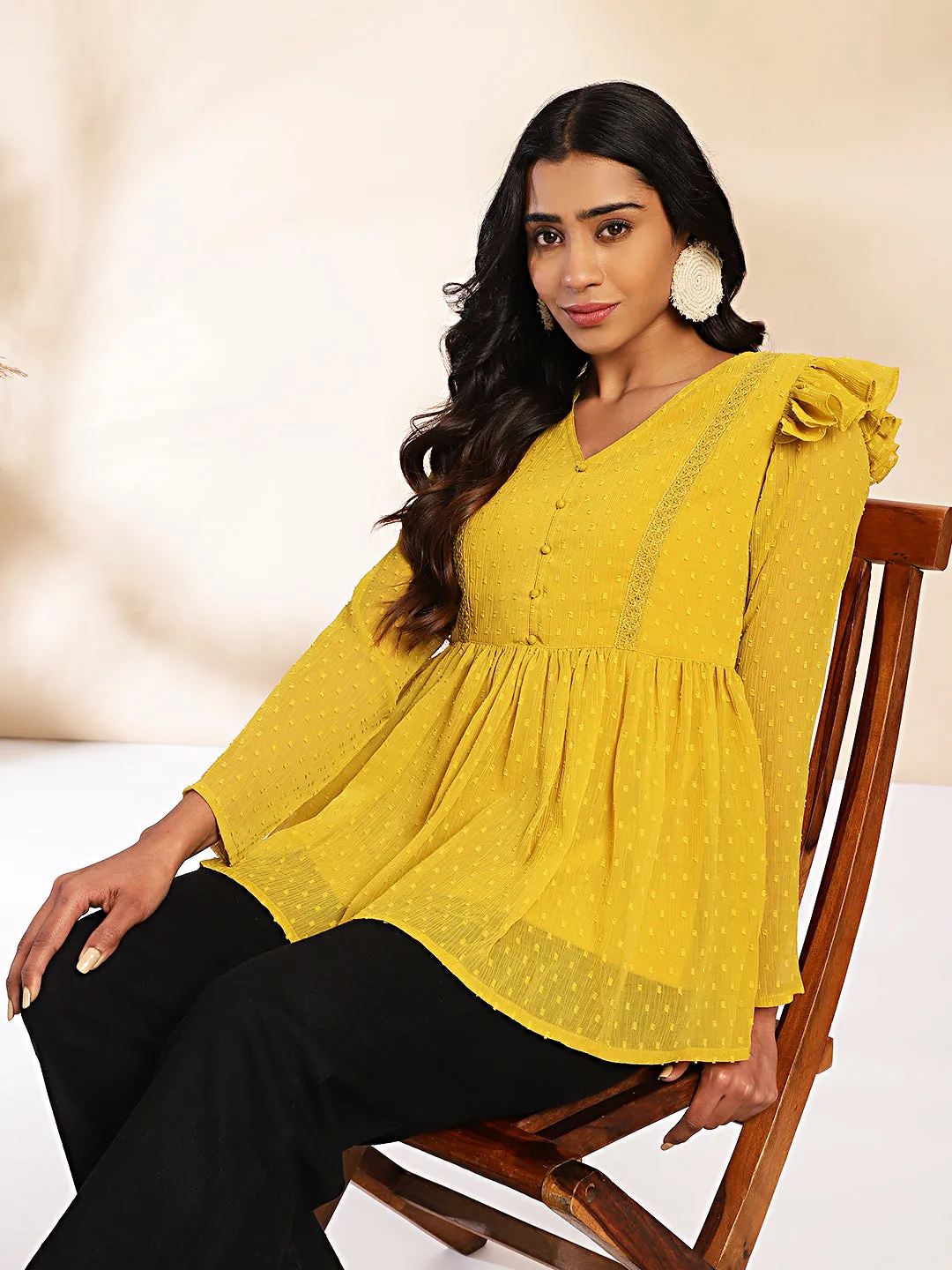 Mustard Dobby Chiffon Peplum Top  - By Janasya