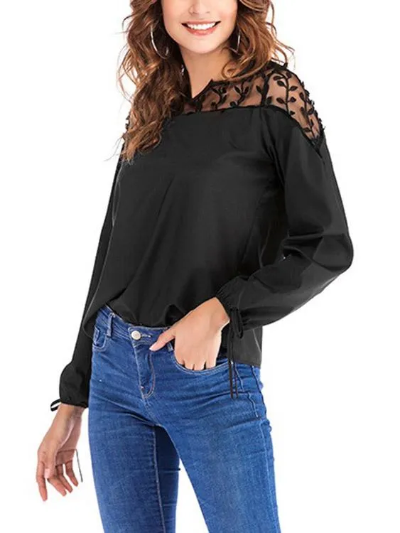 OEM ODM Mesh Lace-applique V-Neck Long Sleeved Tie-up Cuffs Blouse