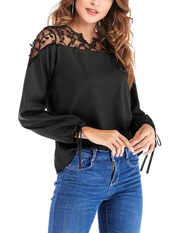 OEM ODM Mesh Lace-applique V-Neck Long Sleeved Tie-up Cuffs Blouse