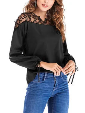 OEM ODM Mesh Lace-applique V-Neck Long Sleeved Tie-up Cuffs Blouse