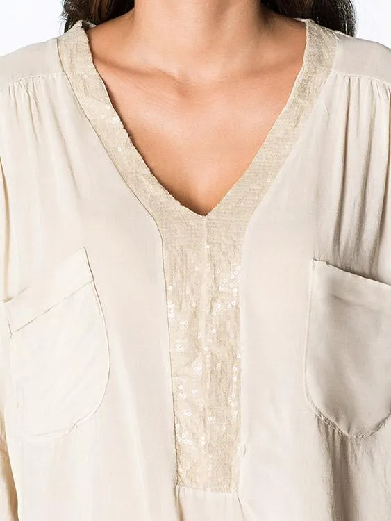 OEM ODM V-Neck 3/4 Sleeve Beige Blouses