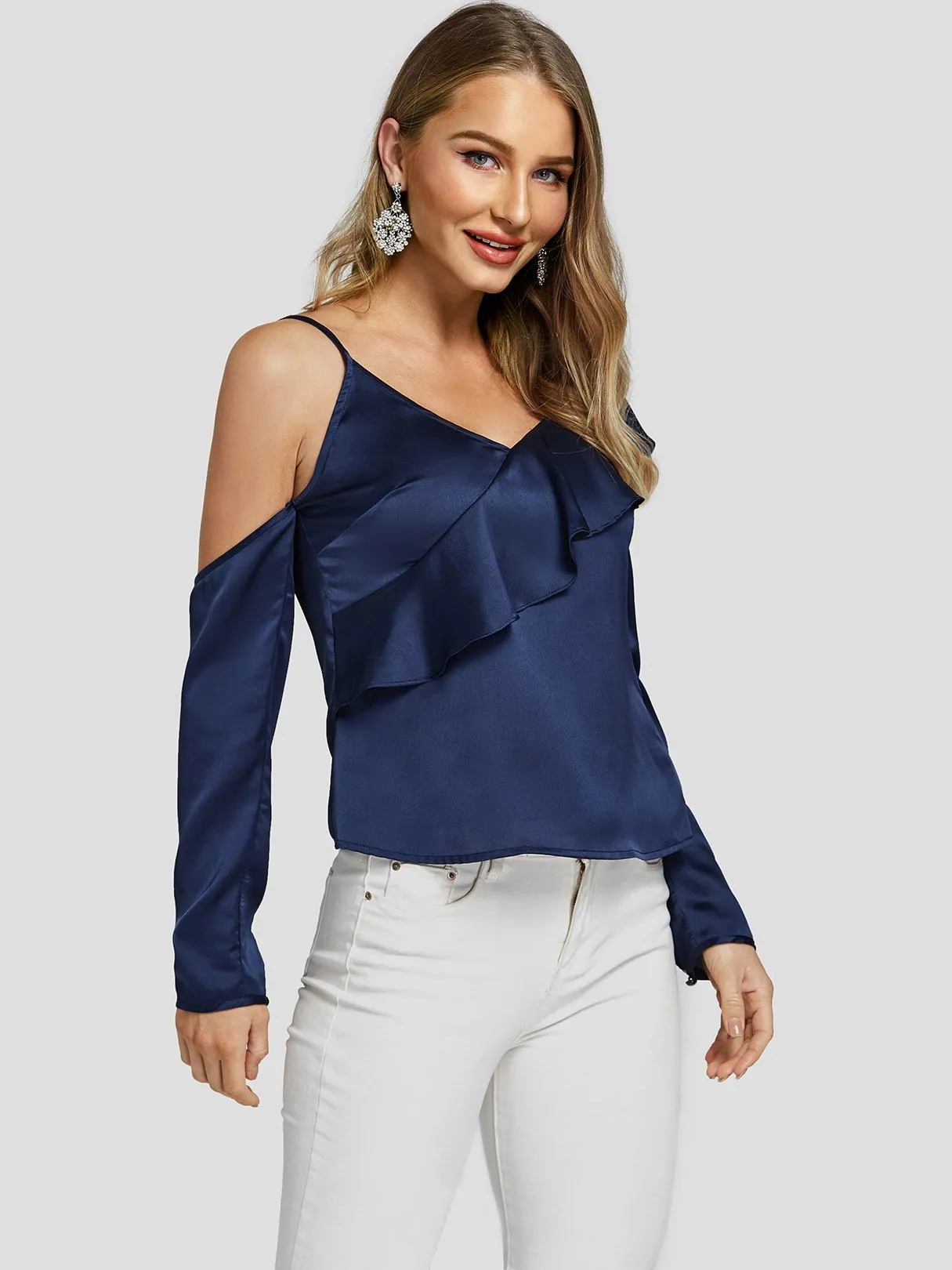 OEM ODM V-Neck Asymmetrical Cold Shoulder Cut Out Spaghetti Strap Long Sleeve Royal Blouses