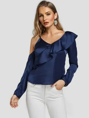 OEM ODM V-Neck Asymmetrical Cold Shoulder Cut Out Spaghetti Strap Long Sleeve Royal Blouses