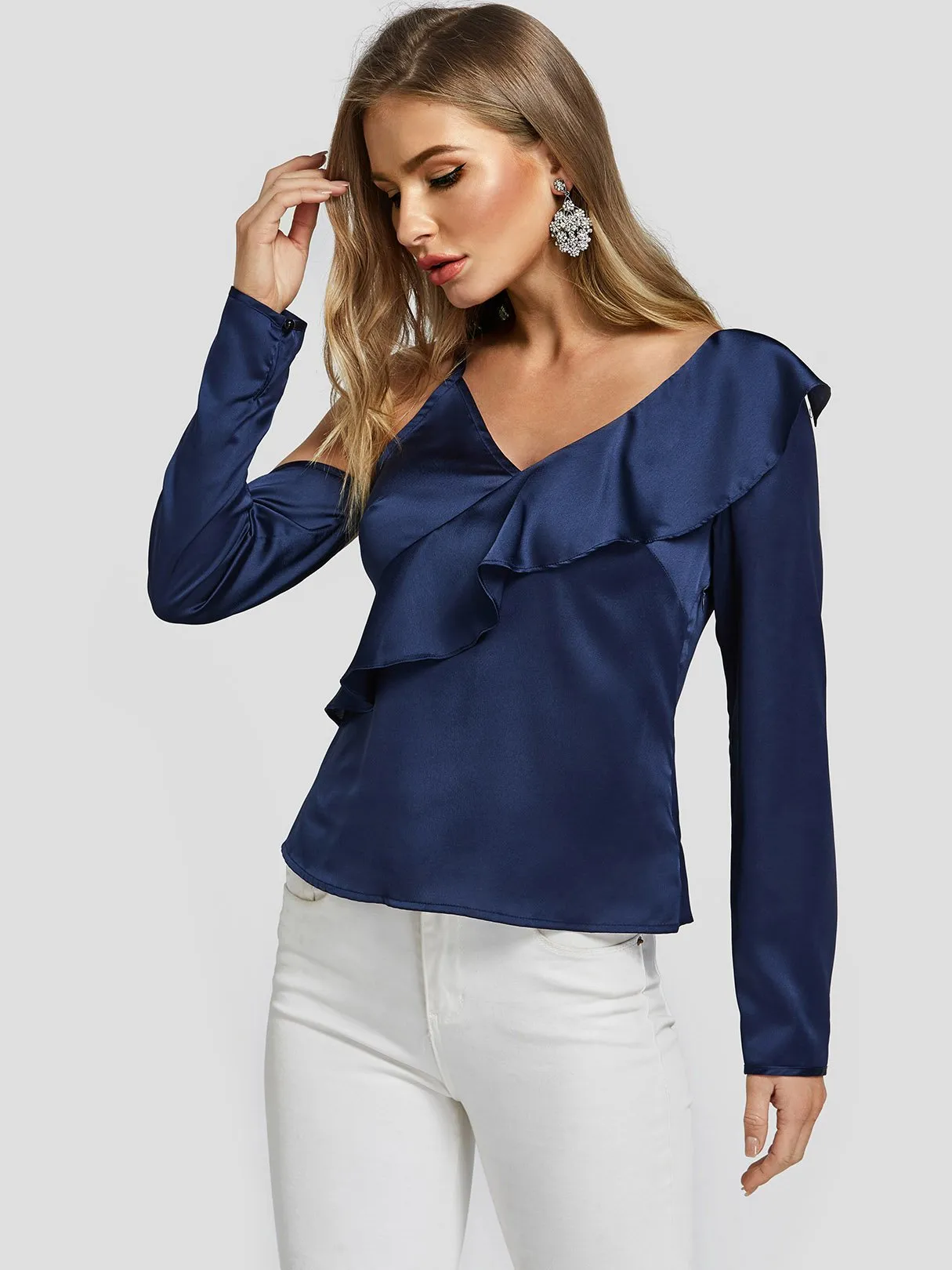 OEM ODM V-Neck Asymmetrical Cold Shoulder Cut Out Spaghetti Strap Long Sleeve Royal Blouses