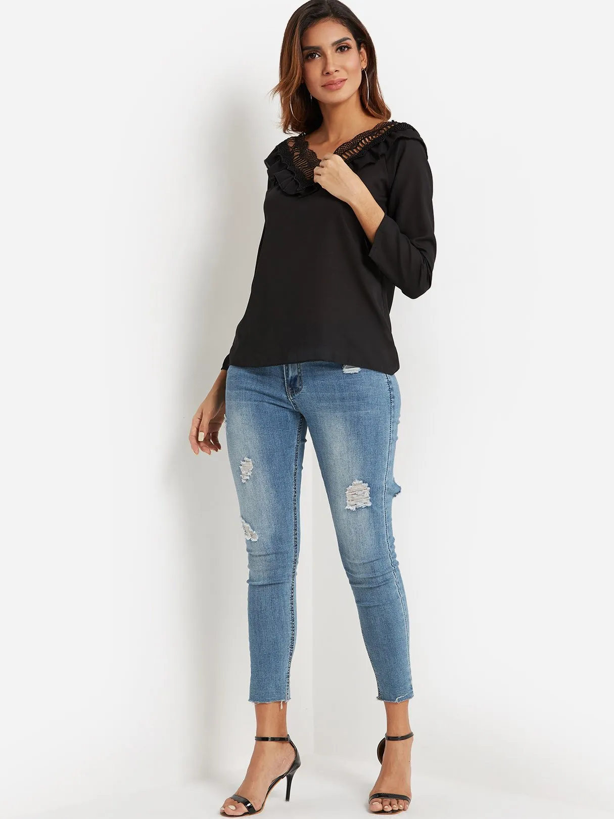 OEM ODM V-Neck Long Sleeve Lettuce-edge Black Top