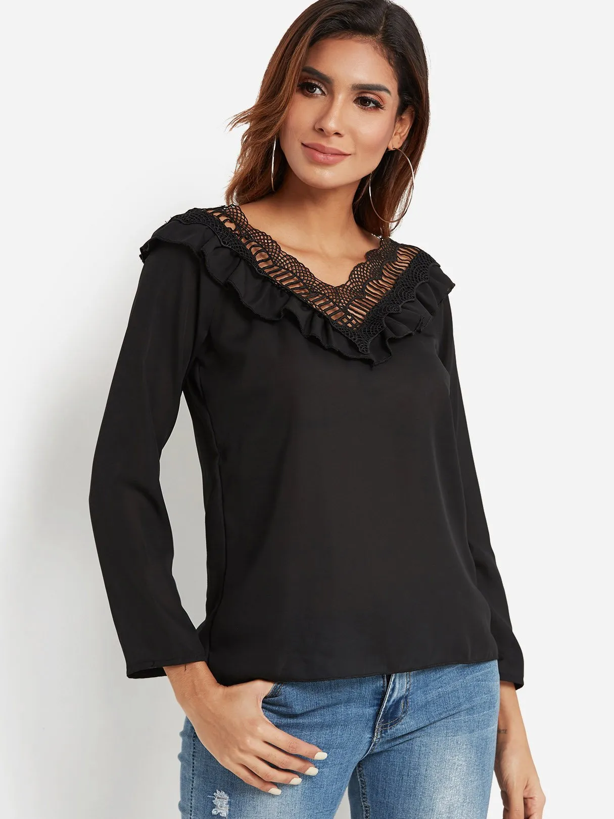 OEM ODM V-Neck Long Sleeve Lettuce-edge Black Top