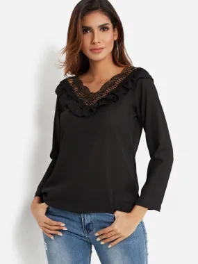 OEM ODM V-Neck Long Sleeve Lettuce-edge Black Top