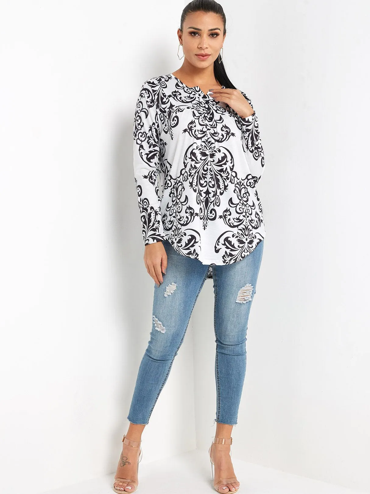 OEM ODM V-Neck Long Sleeve Tribal Print Black Blouses