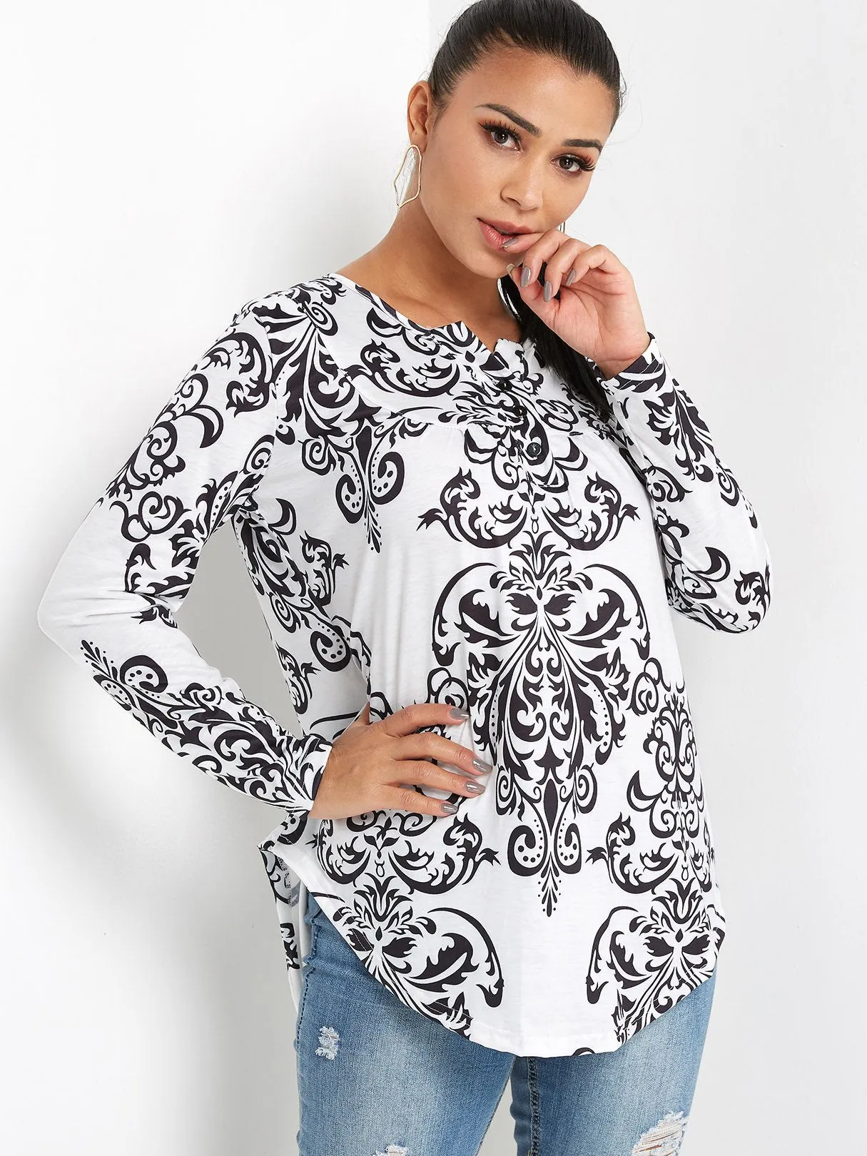 OEM ODM V-Neck Long Sleeve Tribal Print Black Blouses