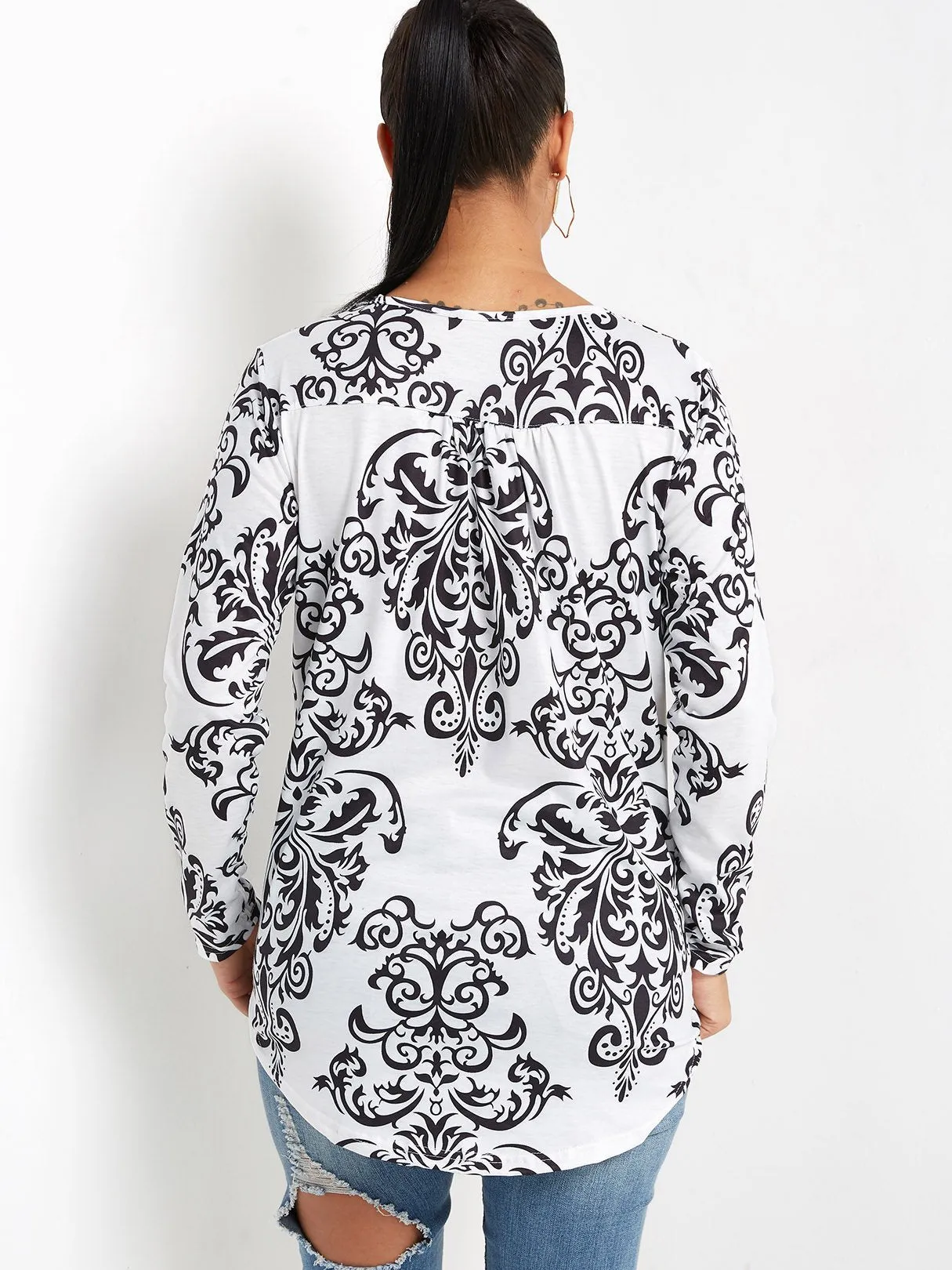 OEM ODM V-Neck Long Sleeve Tribal Print Black Blouses