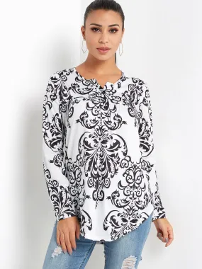 OEM ODM V-Neck Long Sleeve Tribal Print Black Blouses