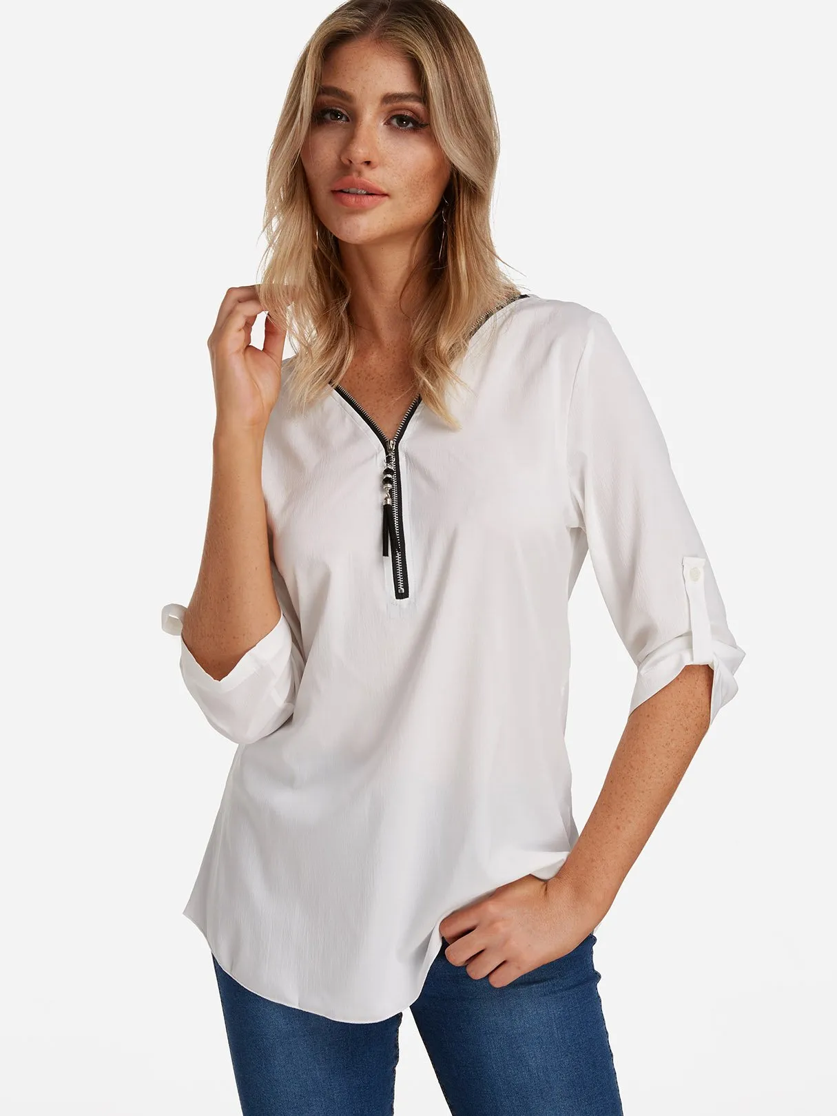 OEM ODM V-Neck Zip Back Lace-Up Half Sleeve Blouses