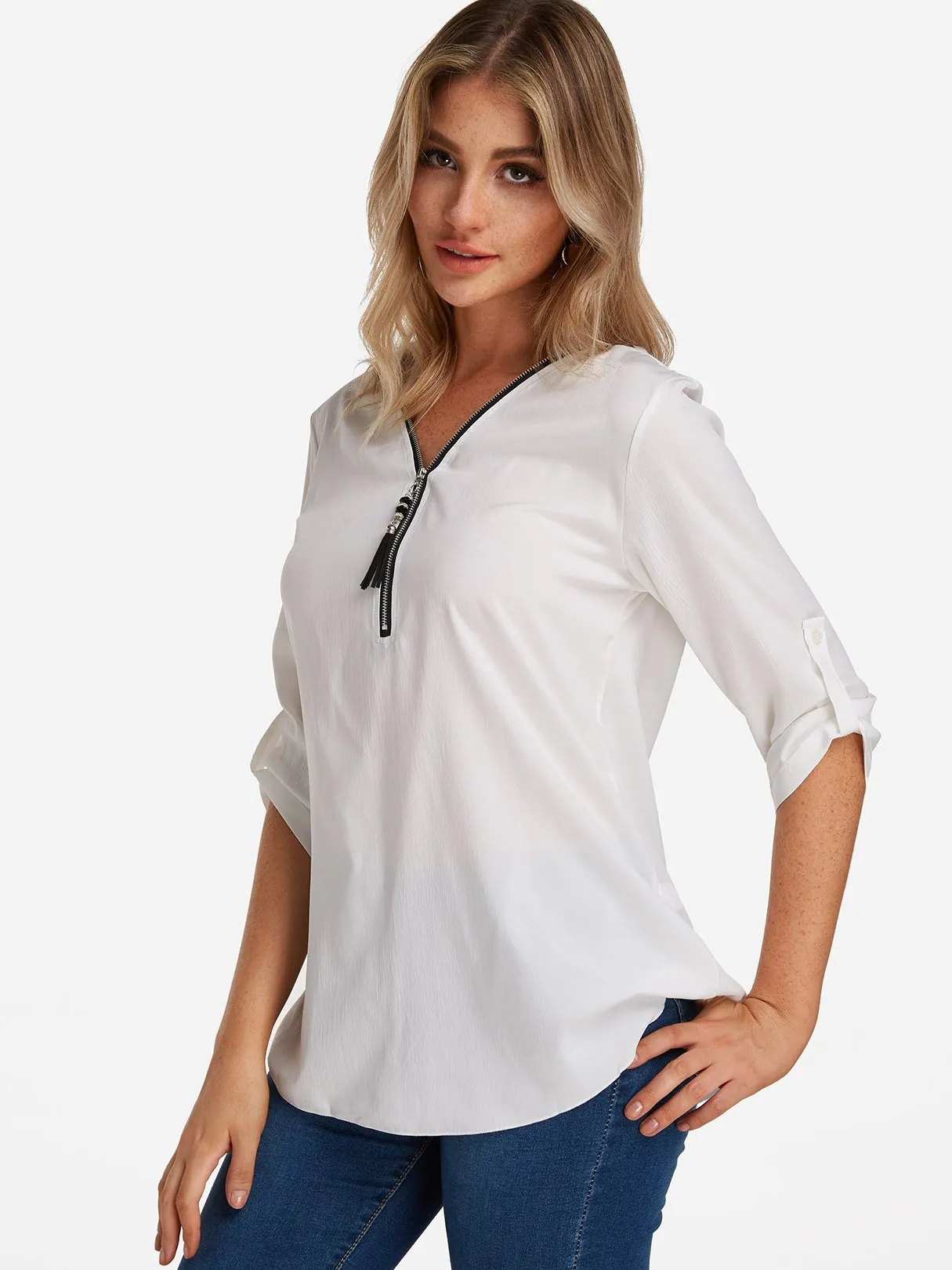 OEM ODM V-Neck Zip Back Lace-Up Half Sleeve Blouses