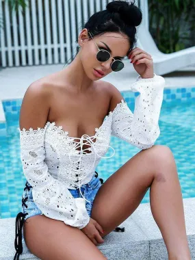 Off shoulder Lace Hollow Out White Top