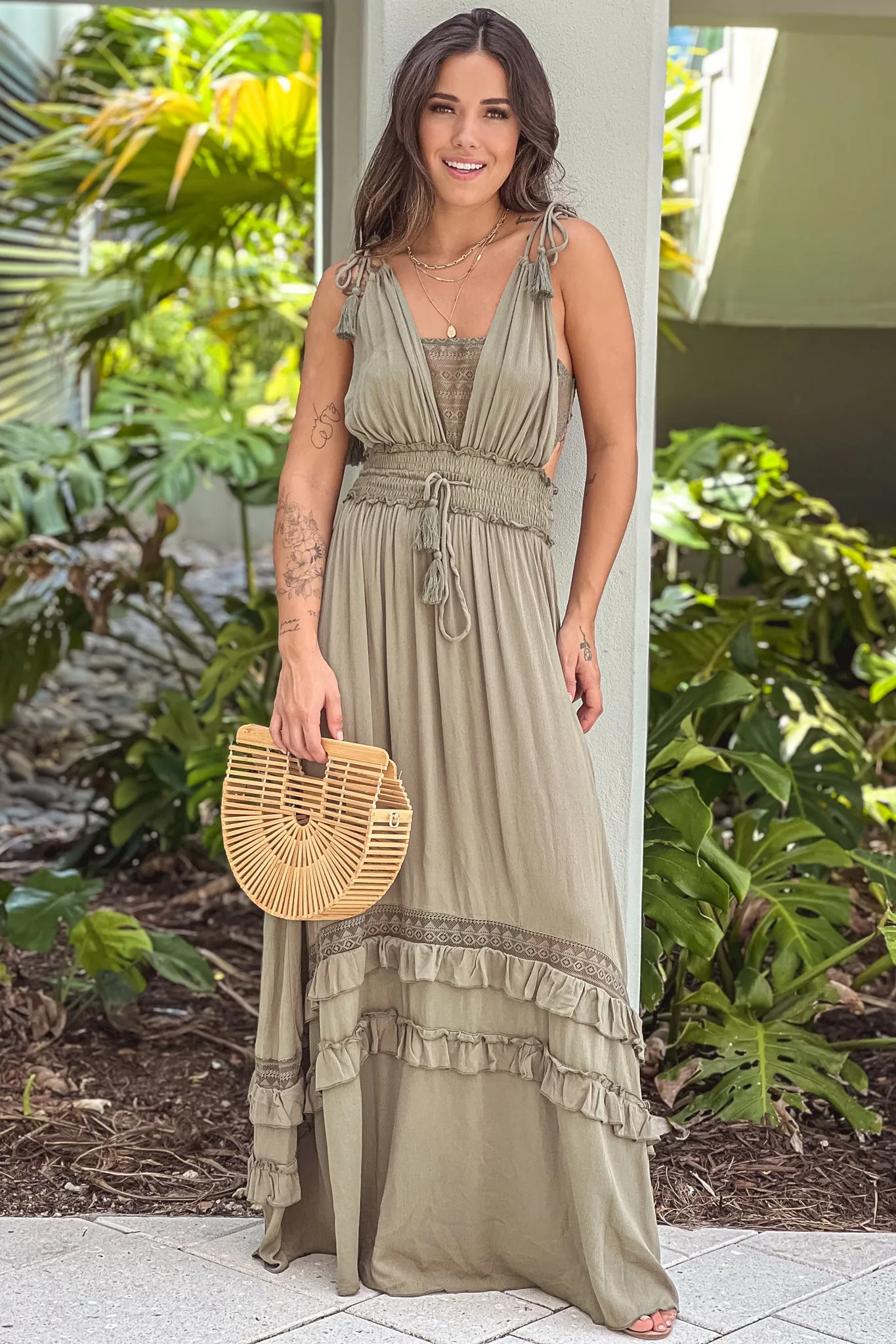 Olive Maxi Dress With Lace Detail