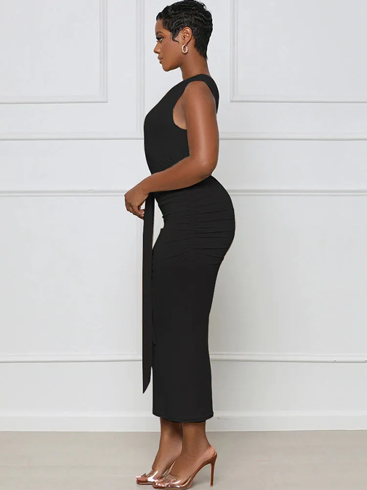 One Shoulder Belted Bodycon Midi Dresses