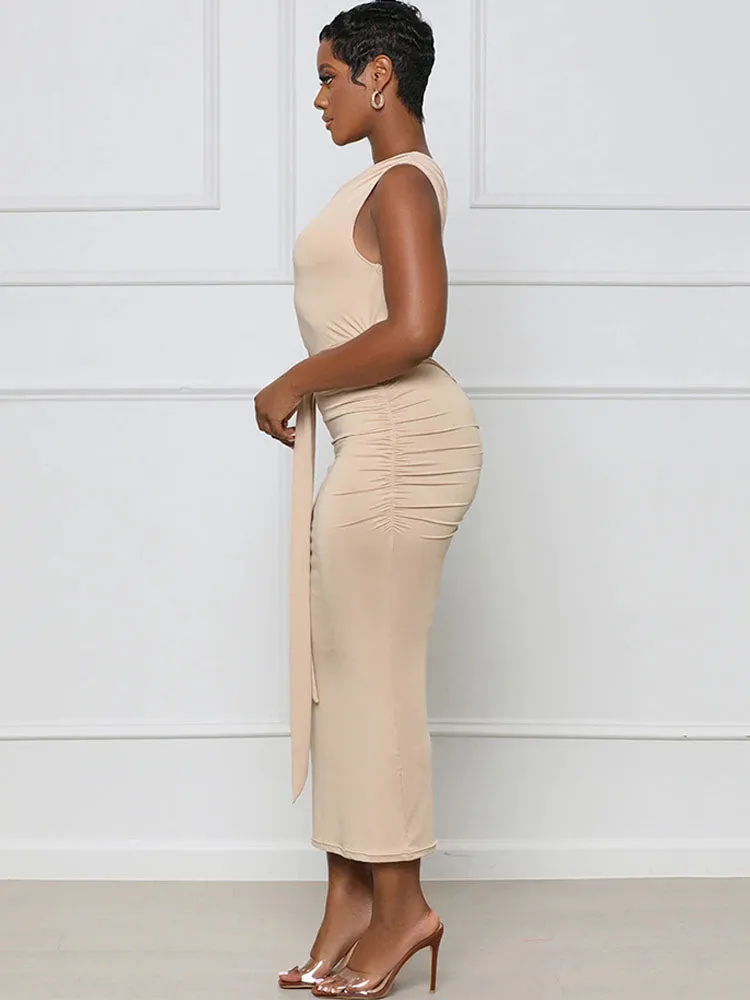 One Shoulder Belted Bodycon Midi Dresses