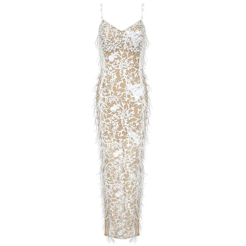 Opulent Pearl Sequined Floral Sweetheart Neck Back Slit Feather Trim Maxi Dress