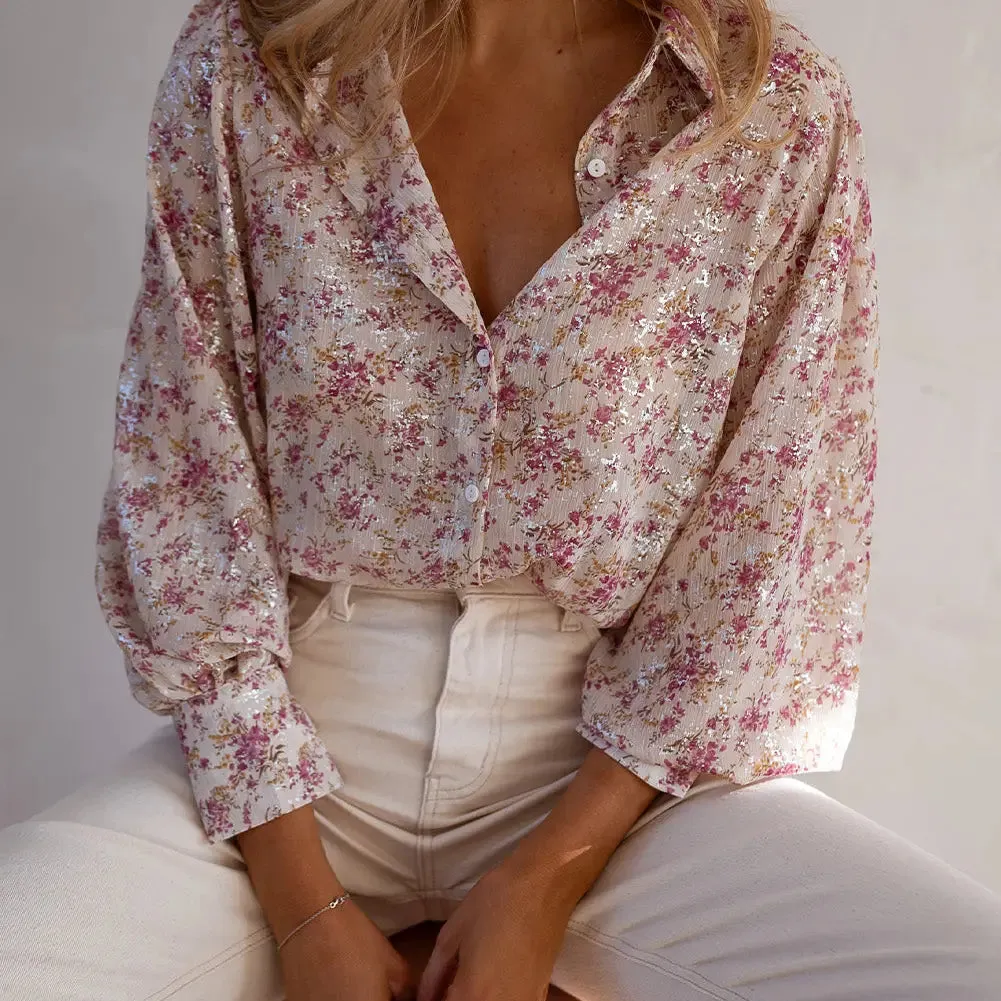 Pink Floral Bishop V Neck Shirt