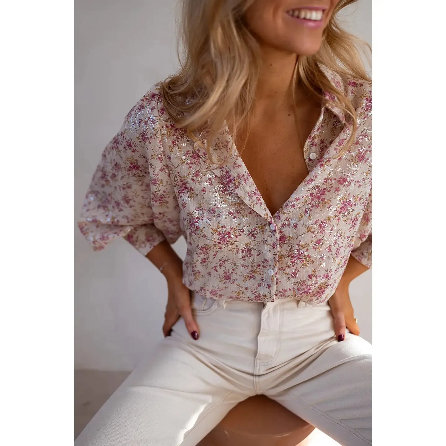 Pink Floral Bishop V Neck Shirt