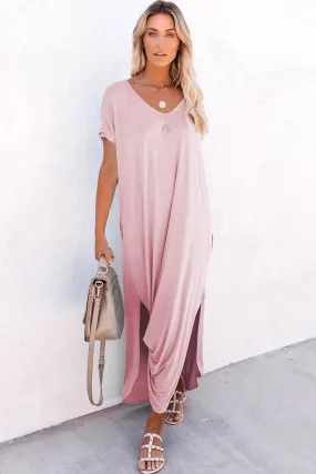 Pink V Neck Hidden Pocket Splits Maxi T-shirt Dress