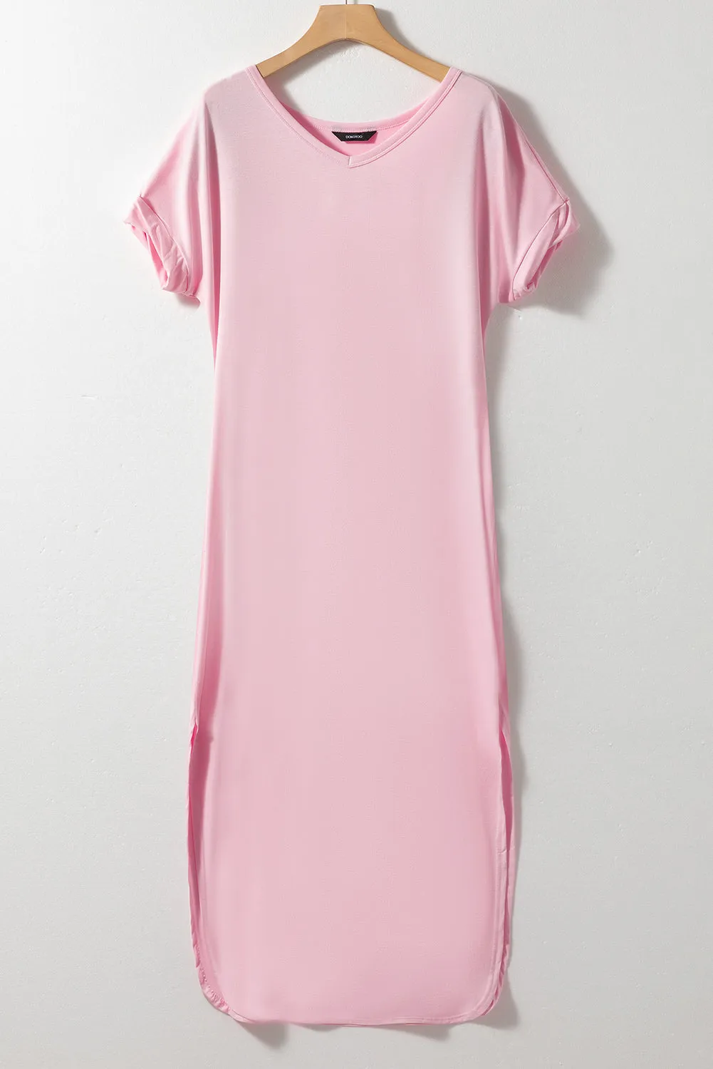 Pink V Neck Hidden Pocket Splits Maxi T-shirt Dress