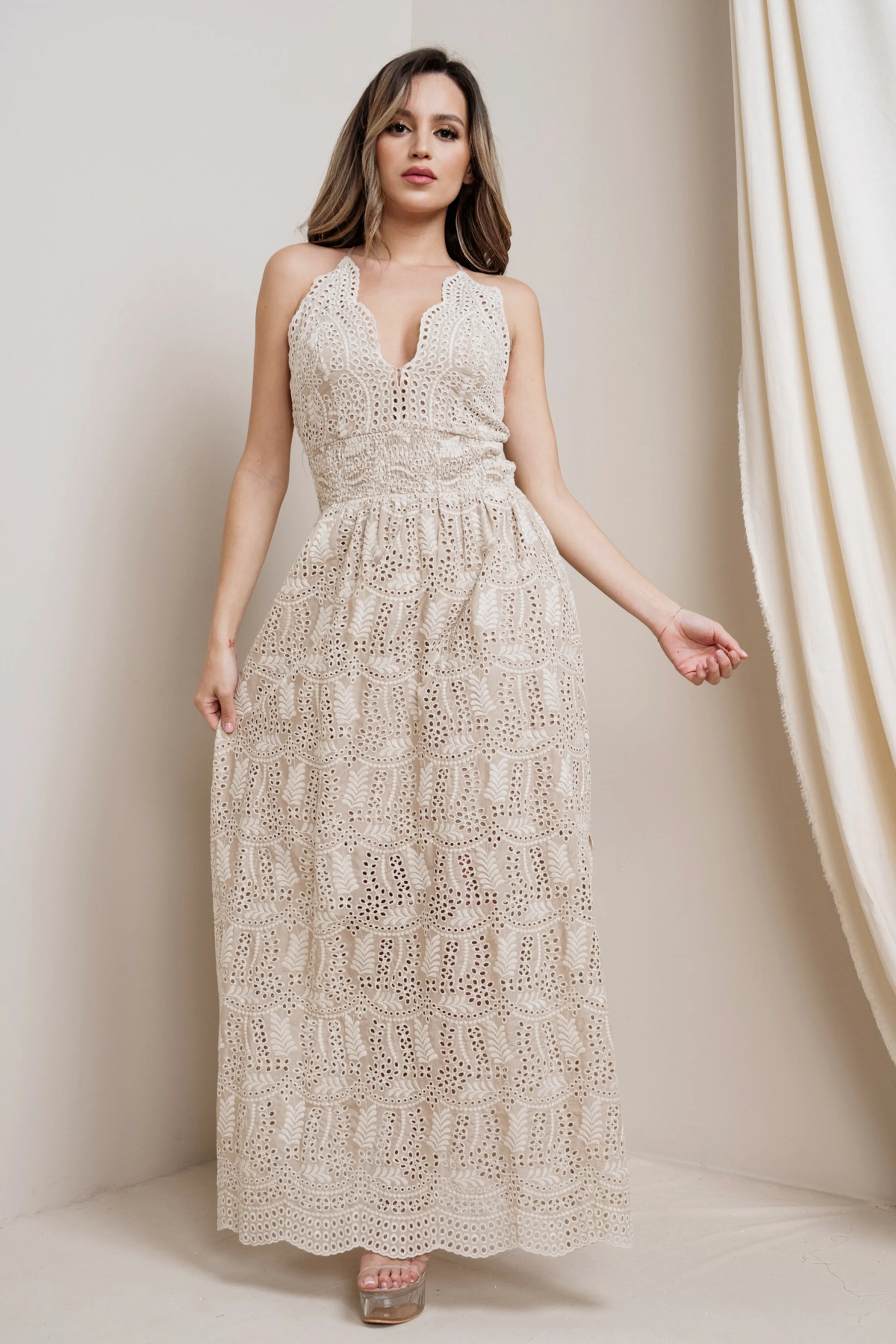 Plunge Neck Lace Eyelet Maxi