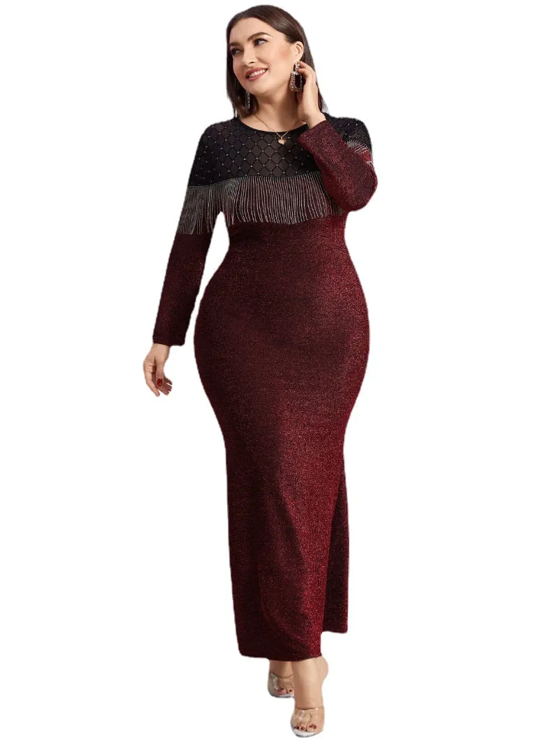 Plus Size Crew Neck Patchwork Tassel Details Dress