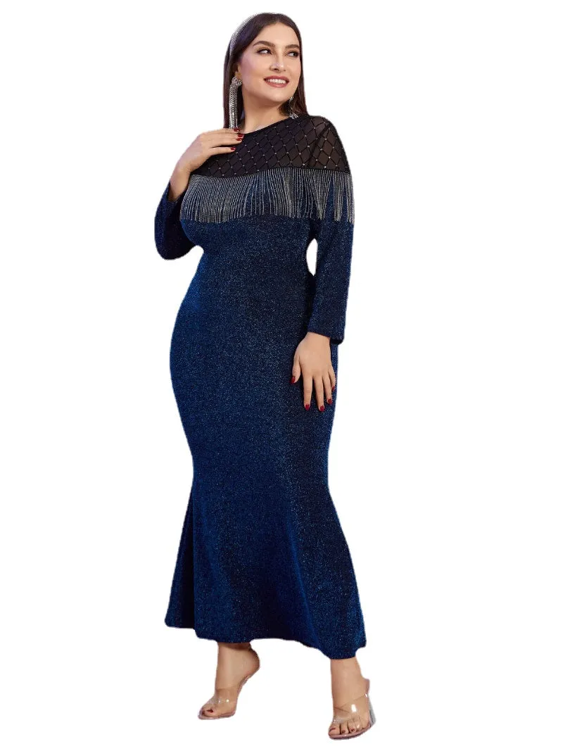 Plus Size Crew Neck Patchwork Tassel Details Dress