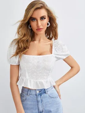 Puff Sleeve Eyelet Embroidery Peplum Top