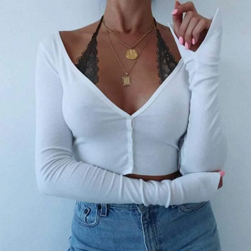 Ribbed Off The Shoulder Cropped Button Up Knit Tops