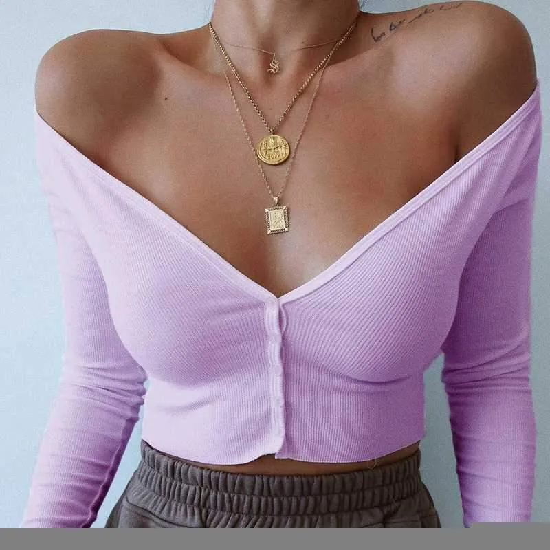 Ribbed Off The Shoulder Cropped Button Up Knit Tops