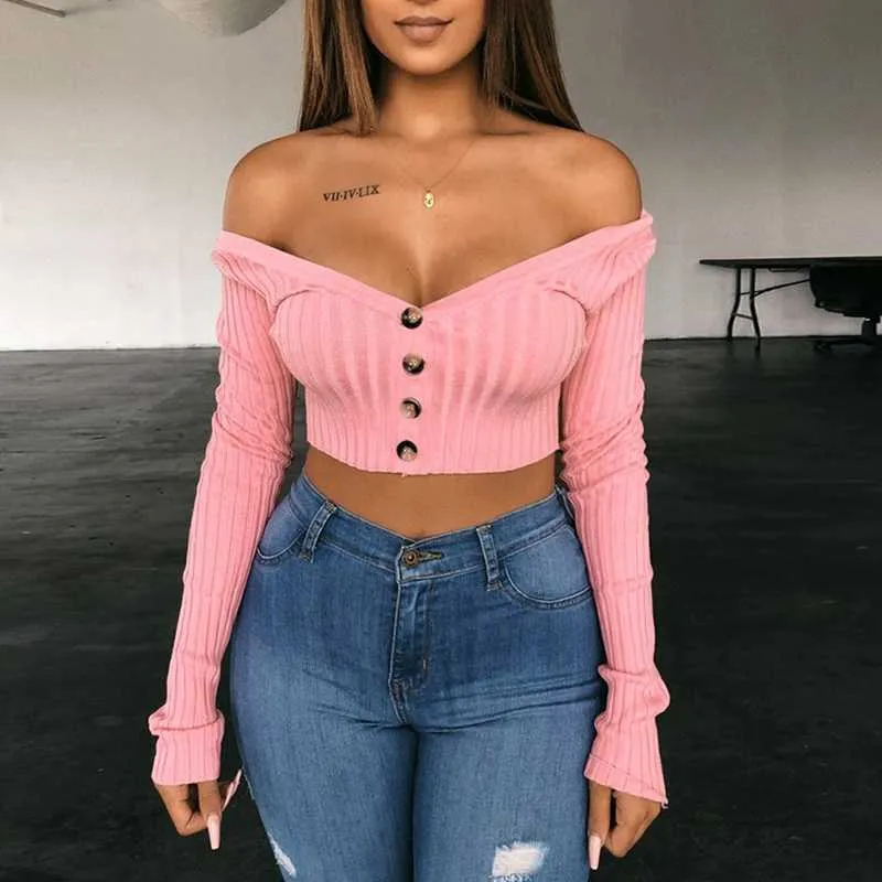 Ribbed Off The Shoulder Cropped Button Up Knit Tops