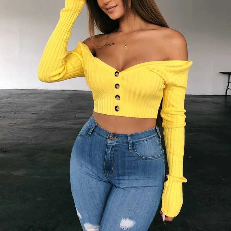 Ribbed Off The Shoulder Cropped Button Up Knit Tops