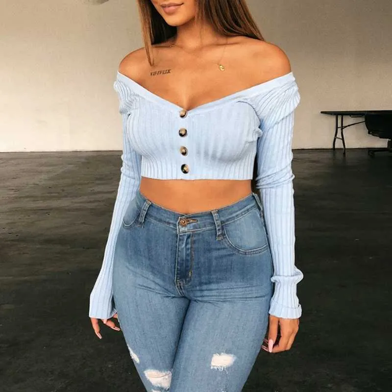 Ribbed Off The Shoulder Cropped Button Up Knit Tops