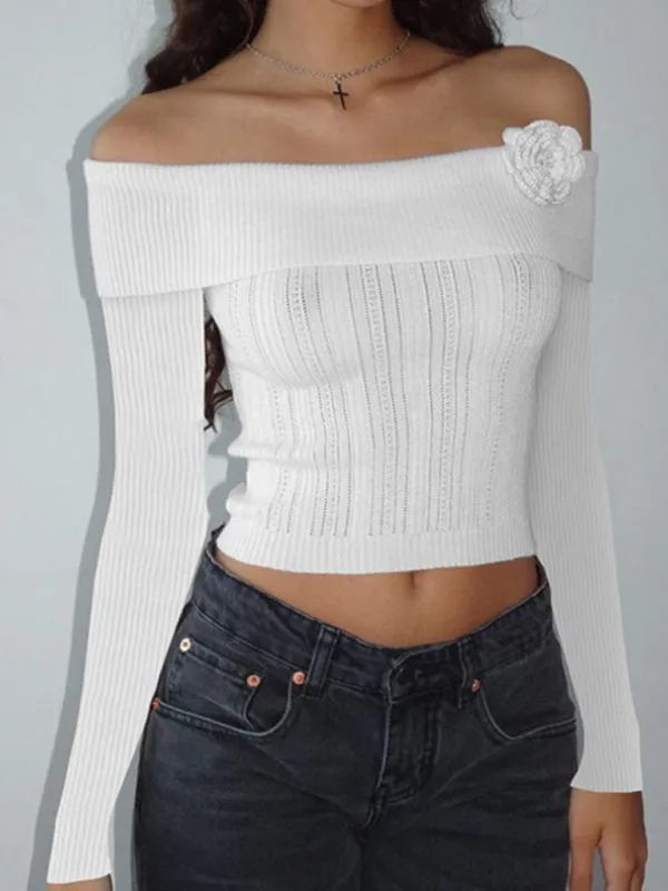 Romantic Ribbed Knit Long Sleeve Top with Off-The-Shoulder Elegance